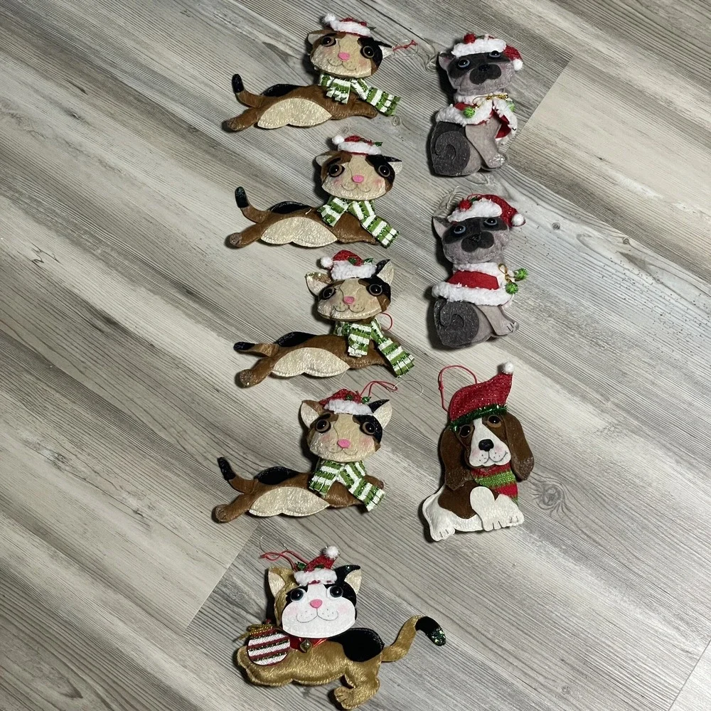 Cat Dog Christmas Ornaments 3D Felt‎ Textured Embellished Stuffed Multicolor 8